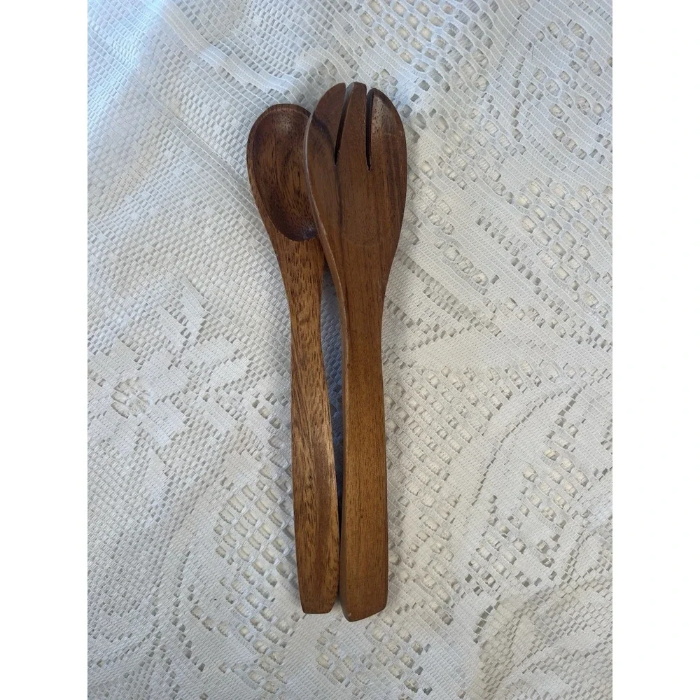 Vintage Wooden Salad Servers Spoon & Fork Set Solid Wood Utensils